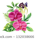 Pink and Purple Orchid Flowers with Green Leaves Botanical Illustration Tropical Floral Art for Interior Decoration 132038666
