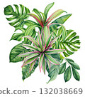 Tropical Green Leaves Botanical Watercolor Exotic Plant Composition Monstera and Dracaena Illustration for Interior Decor 132038669