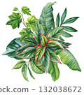 Tropical Green Leaves Composition Botanical Watercolor Illustration Exotic Plants Foliage Decorative Nature Design 132038672