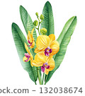 Watercolor Yellow Orchid Flowers with Palm Leaves Botanical Illustration Exotic Tropical Floral Painting for Home and Garden Decor 132038674