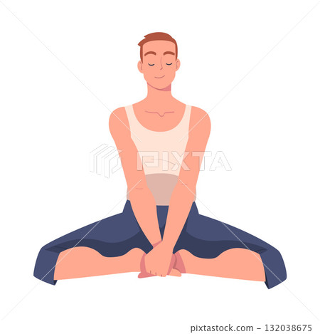 Man Character Doing Yoga Workout Stretch Body Vector Illustration 132038675
