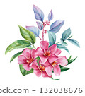 Watercolor Pink Flowers with Blue and Green Leaves Botanical Exotic Floral Illustration Elegant Bloom Composition for Print 132038676