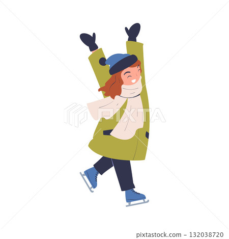 Girl Kid Character at Skating Ice Rink Enjoy Winter Vector Illustration 132038720