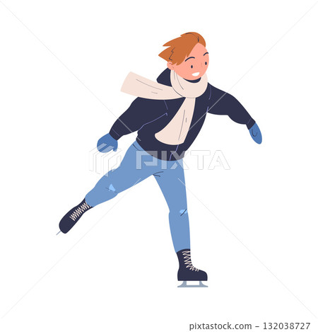 Man Character at Skating Ice Rink Enjoy Winter Vector Illustration 132038727