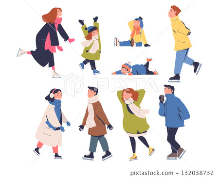 People Character at Skating Ice Rink Enjoy Winter Vector Set 132038732
