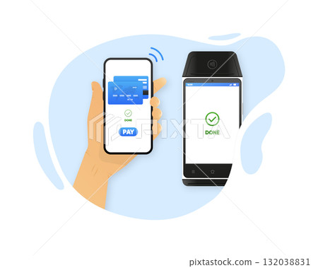 Hand Holding Smartphone for Contactless Payment. POS Terminal Transaction Approved. NFC Digital concept. Vector illustration. Hand Holding Smartphone for Contactless Payment. POS Terminal Transaction Approved. NFC Digital concept. Vector illustration. 132038831