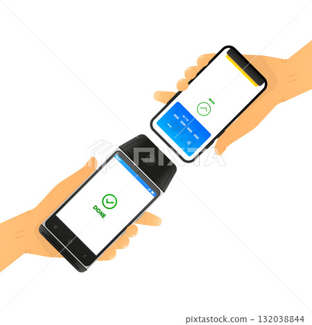 Hand Holding Smartphone for Contactless Payment. POS Terminal Transaction Approved. NFC Digital concept. Vector illustration. Hand Holding Smartphone for Contactless Payment. POS Terminal Transaction Approved. NFC Digital concept. Vector illustration. 132038844
