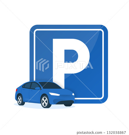 Car Parking sign. Parking lot. Car in the parking. Flat modern style. Vector illustration. Car Parking sign. Parking lot. Car in the parking. Flat modern style. Vector illustration. 132038867