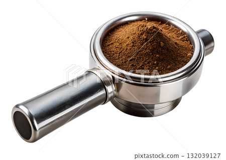 Espresso portafilter filled with freshly ground coffee, ready for tamping, coffee preparation isolated on transparent background 132039127