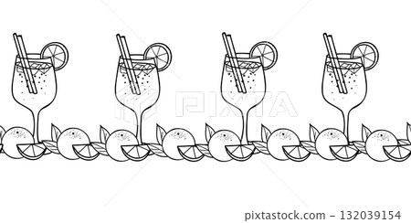 Cocktail Seamless border pattern. Aperol Spritz and orange fruit. Hand drawn ink illustration in Doodle style. For restaurant menus, bar decoration. 132039154