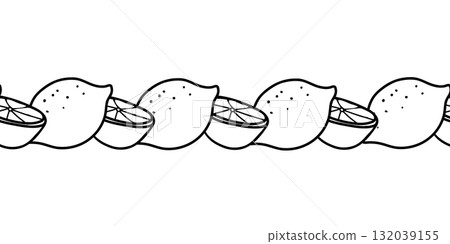 Seamless border with lemon fruits and slices. Citrus hand drawn doodle line vector for summer decoration, juice label, packaging, or background. Seamless border with lemon fruits and slices. Citrus hand drawn doodle line vector for summer decoration, juice label, packaging, or background. 132039155