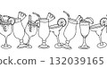 Seamless border of tropical cocktail glasses with fruits and straw. Aperol Spritz, Margarita, Bellini and Pina Colada. Hand drawn Summer party doodle vector for bar, menu, drink pattern or decoration. 132039165