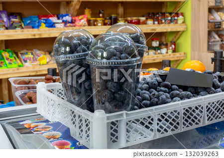 Fresh Blueberries in Market Display. 132039263
