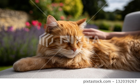 relaxed sunny cat, ginger cat rests peacefully outdoors, sunlit ginger cat relaxing in garden setting, tranquil ginger cat lounging comfortably in sunlit garden scene with peaceful ambiance and warm 132039267
