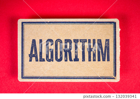 Algorithm concept with vintage style cardboard sign on red background 132039341