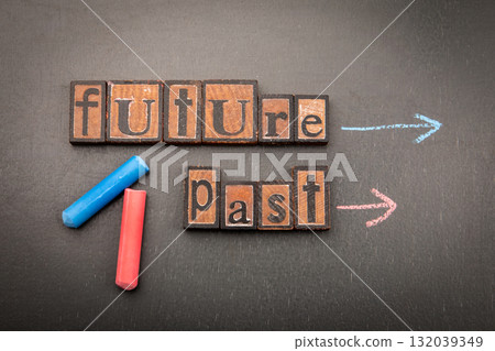 Concept of time with wooden letter blocks forming words Future and Past on blackboard, with arrows 132039349
