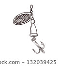 Shiny, a fishing lure hand-drawn in ink and translated into a vector. The illustration is suitable for printing on the packaging of fishing products, store design, fish products. 132039425