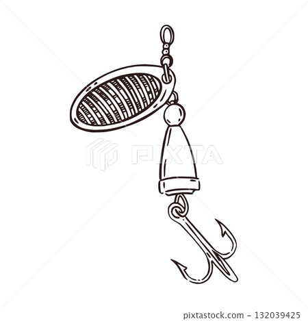Shiny, a fishing lure hand-drawn in ink and translated into a vector. The illustration is suitable for printing on the packaging of fishing products, store design, fish products. 132039425