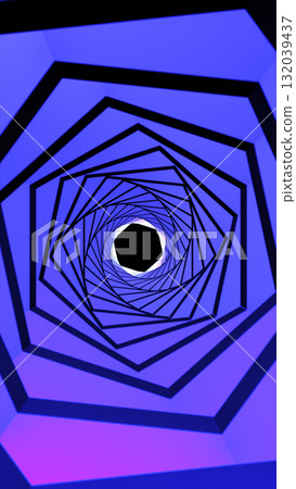 Abstract blue polygonal tunnel with layered hexagonal shapes forming a hypnotic digital vortex 132039437