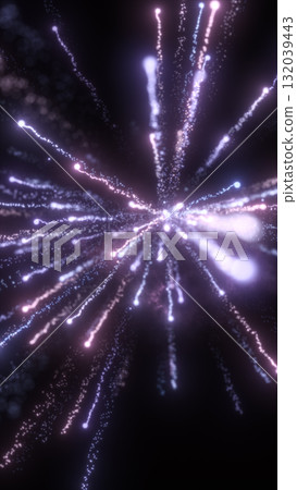 Abstract burst of glowing particles spreading in space with bright light trails 132039443