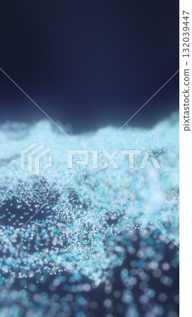 Flowing cloud-like composition of glowing blue and white particles floating in dark space with soft depth Flowing cloud-like composition of glowing blue and white particles floating in dark space with soft depth 132039447
