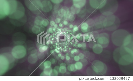Abstract glowing tunnel of green light particles forming a digital vortex with bokeh depth 132039457