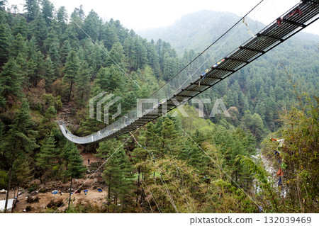 Suspension bridge view along EBC trek, Nepal Suspension bridge view along EBC trek, Nepal 132039469