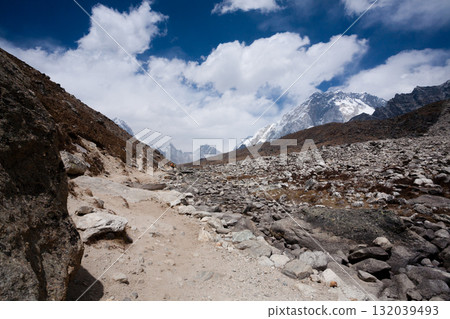 Everest base camp trekking path in Lobuche area, Nepal 132039493