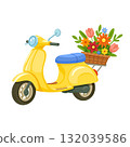 Bright yellow retro scooter with blue seat and flower basket on back, isolated vector illustration 132039586