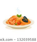 Italian seafood pasta illustration with shrimp, mussels, tomato, sauce, and herbs 132039588
