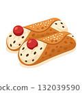 Delicious cannoli illustration with cream filling, chocolate chips, and cherries on each end 132039590
