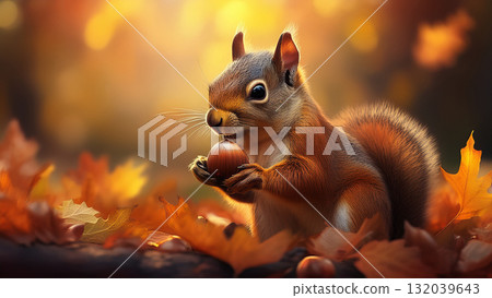 一隻松鼠在落葉覆蓋的地面上吃橡子的插圖 132039643