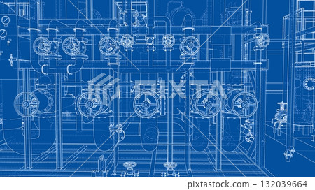 Detailed Industrial Blueprint Design. Vector 132039664