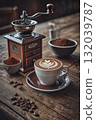 Freshly Brewed Cappuccino with Latte Art and Vintage Grinder 132039787