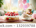 Sweet Celebration: Birthday Cake and Teacups with Balloons 132039788
