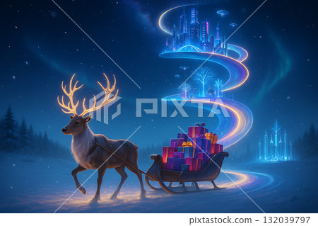 Reindeer with glowing antlers pulling sleigh of presents through snowy forest under starry sky with floating futuristic city in spiral light 132039797