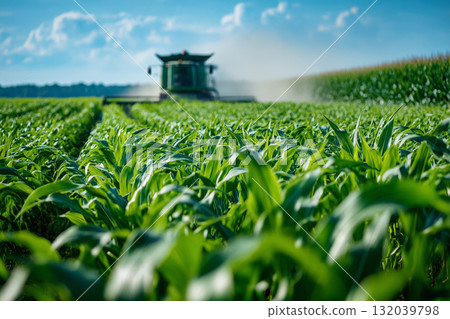 Modern farming scene showing active crop harvesting with combine machine moving through cornfield and raising dust 132039798