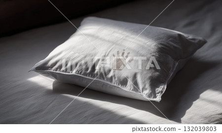 White Pillow With Handprint Embroidery Resting Calmly on a Sunlit Bed White Pillow With Handprint Embroidery Resting Calmly on a Sunlit Bed 132039803