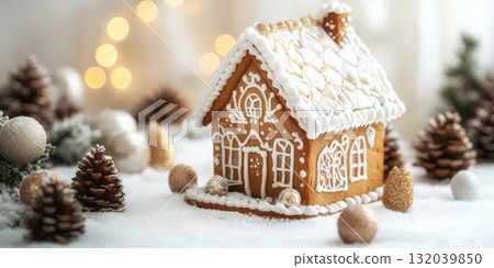 Gingerbread house with white icing roof, surrounded by pinecones and holiday ornaments in a snowy, festive setting. 132039850