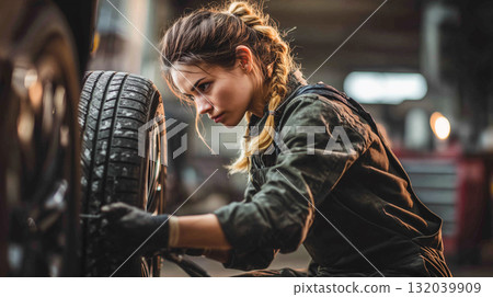 Female mechanic changing winter tire in professional auto repair workshop 132039909
