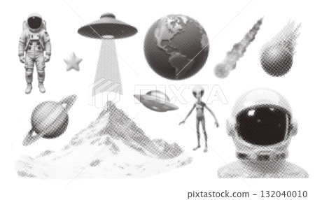Trendy vintage grunge texture cosmo universe elements set with astronaut, asteroid, Saturn, ufo, alien, planet earth. Dotted stipplism photocopy texture. Y2k vintage Isolated vector Trendy vintage grunge texture cosmo universe elements set with astronaut, asteroid, Saturn, ufo, alien, planet earth. Dotted stipplism photocopy texture. Y2k vintage Isolated vector 132040010