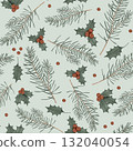 Watercolor seamless pattern of branches with Christmas red berries of ilex and fir tree branches. Hand drawing illustration on isolated background. Repeat pattern of Winter New Year pine branches. 132040054