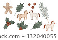 Christmas clip art with symbol 2026 - horse. Illustration of vintage gingerbread man and branch of pine or fir tree for New Year greeting cards for Xmas invitations. Drawing of holly with red berries. 132040055