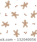 Watercolor hand-drawn seamless pattern with Christmas illustration gingerbread man and red berry holly. New year repeat print for design textile or wrapping paper with cookies. 132040056