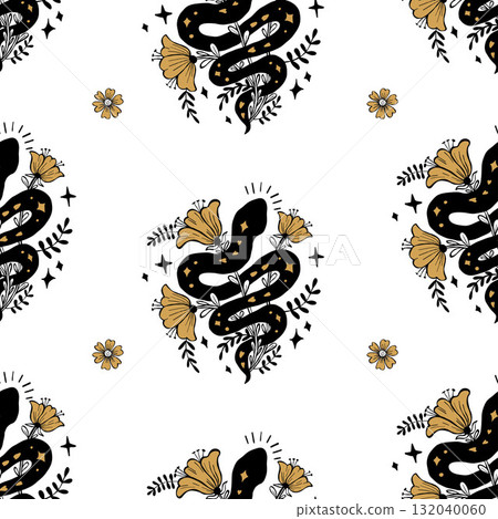 Seamless Pattern with Black Mystical Snake with Gold Flowers on White Background. Repeating Textured Hand Drawing Doodle. Vector Square illustration for magic, esoteric, mysterious design. Not AI 132040060