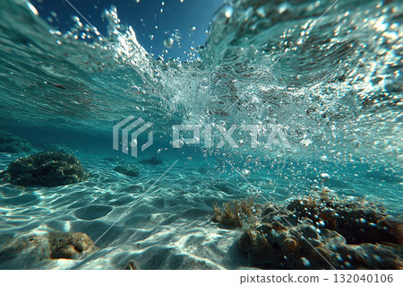 Underwater photo of the seabed with waves and air bubbles. 132040106