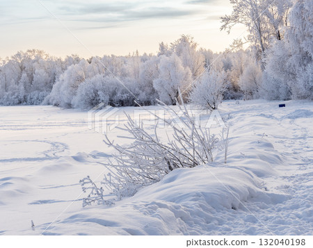Snow-Covered Lake Shore with Ice, Pine Forest on Shore, Beautiful Winter Landscape with snow covered trees Snow-Covered Lake Shore with Ice, Pine Forest on Shore, Beautiful Winter Landscape with snow covered trees 132040198