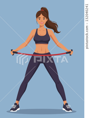 Young woman workout resistance band exercise standing 132040241