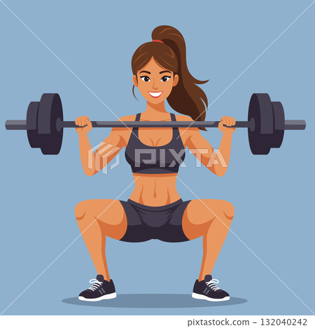 Fit woman squat barbell weightlifting gym training 132040242