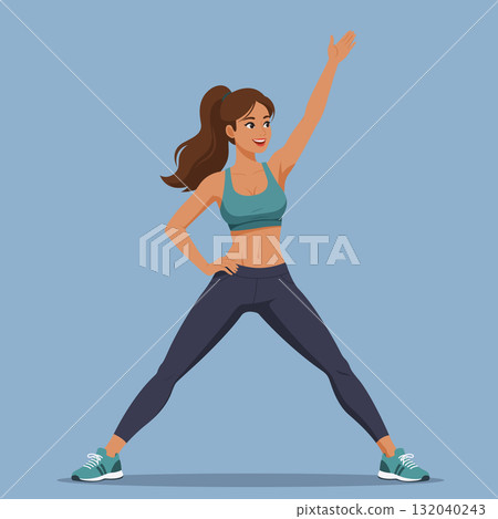 Young woman stretching exercise wide stance fitness 132040243